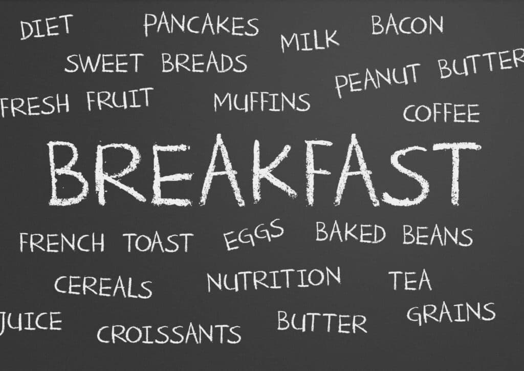 Is Breakfast the Most Important Meal of the Day? 1 A blackboard featuring a word cloud related to breakfast items, showcasing various food terms in different sizes and fonts.