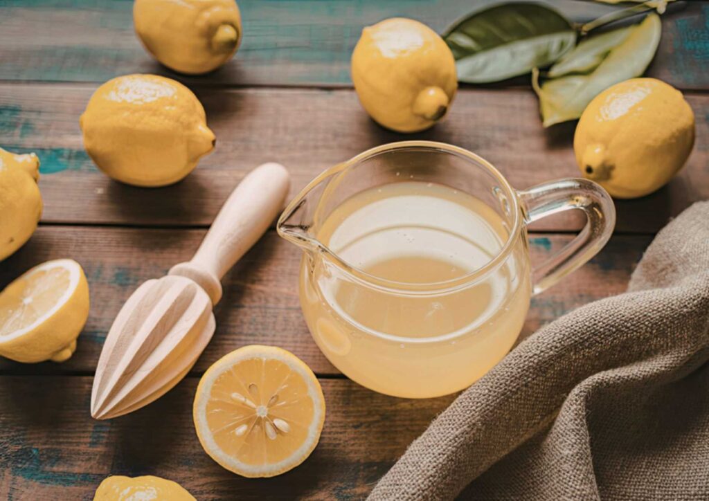 Does Lemon Water Help With Weight Loss? 7 A pitcher of lemon juice and a knife placed on a wooden table, highlighting a kitchen setting.
