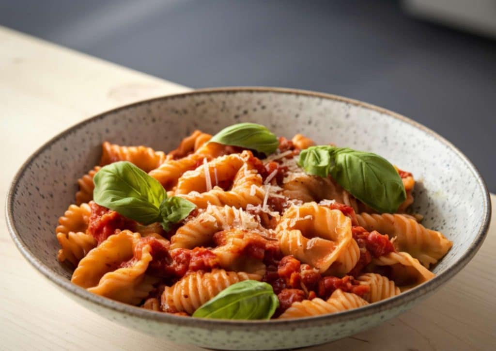 Is Pasta Good for Weight Loss? 13 A plate of pasta topped with rich tomato sauce and fresh basil leaves.