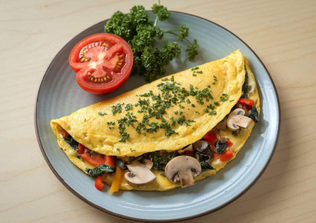 The Best Foods for Weight Loss 5 A colourful omelet filled with vegetables and mushrooms, served on a white plate.