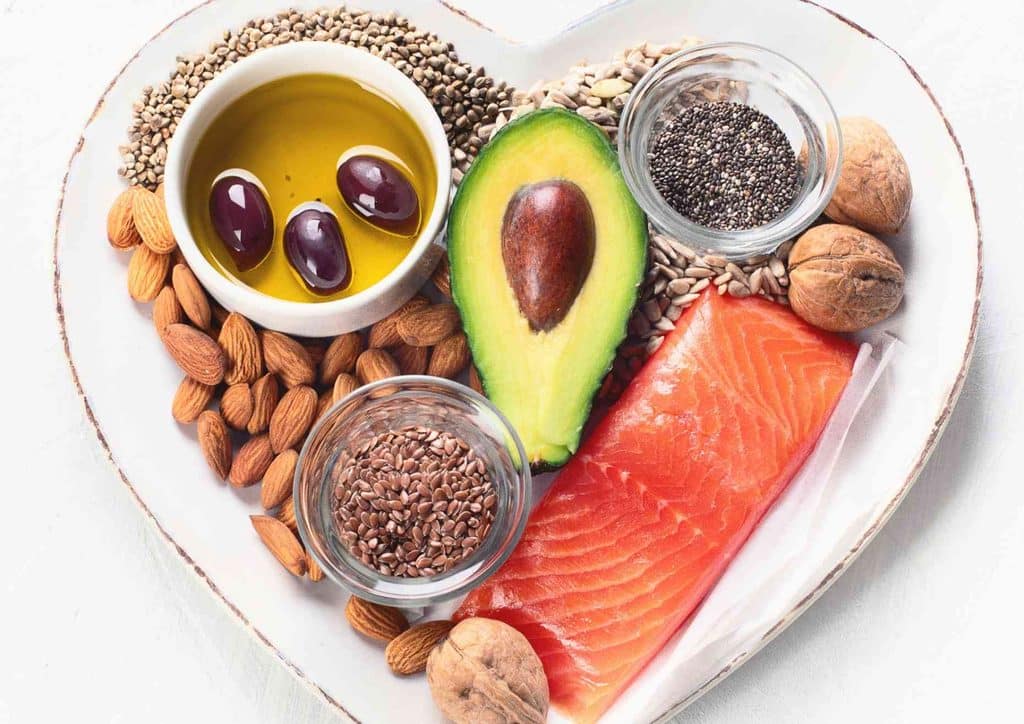 High-Protein Foods for Weight Loss 18 A plate featuring salmon, avocado, assorted nuts, and seeds, showcasing a colourful and nutritious meal.