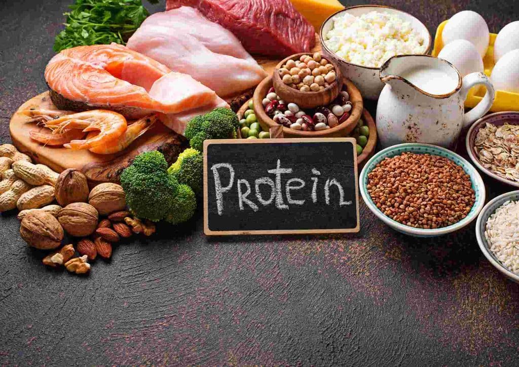 High-Protein Foods for Weight Loss 20 A blackboard displays various protein foods, including eggs, chicken, fish, and legumes, arranged for educational purposes.