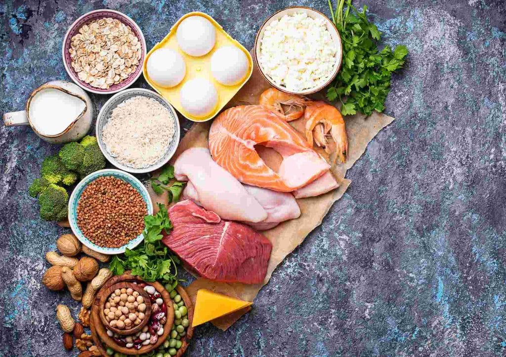 High-Protein Foods for Weight Loss 2 A variety of heart-healthy foods including fruits, vegetables, nuts, and whole grains displayed on a wooden table.