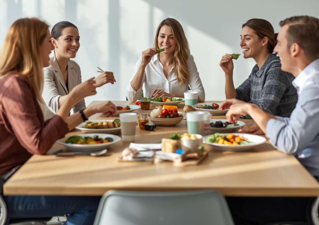 What Is Corporate Nutrition? 1 A diverse group of people enjoying a meal together at a table, sharing food and conversation in a warm atmosphere.
