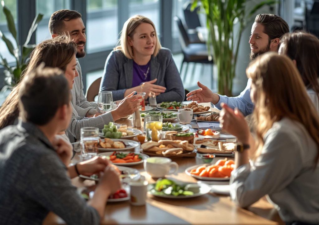 What Is Corporate Nutrition? 5 Business professionals engaged in discussion over lunch at a meeting table, with food and drinks present.