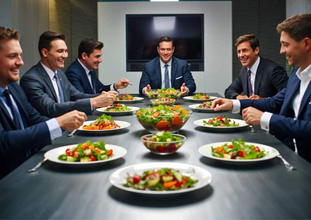 What Is Corporate Nutrition? 12 A group of men in suits seated at a table, each with a salad in front of them, engaged in conversation.
