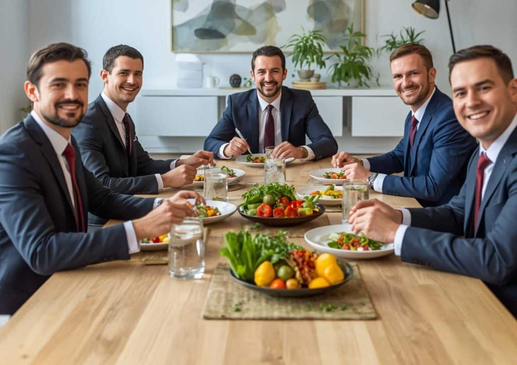 What Is Corporate Nutrition? 14 A group of men in suits seated at a table, each with a salad in front of them, engaged in conversation.
