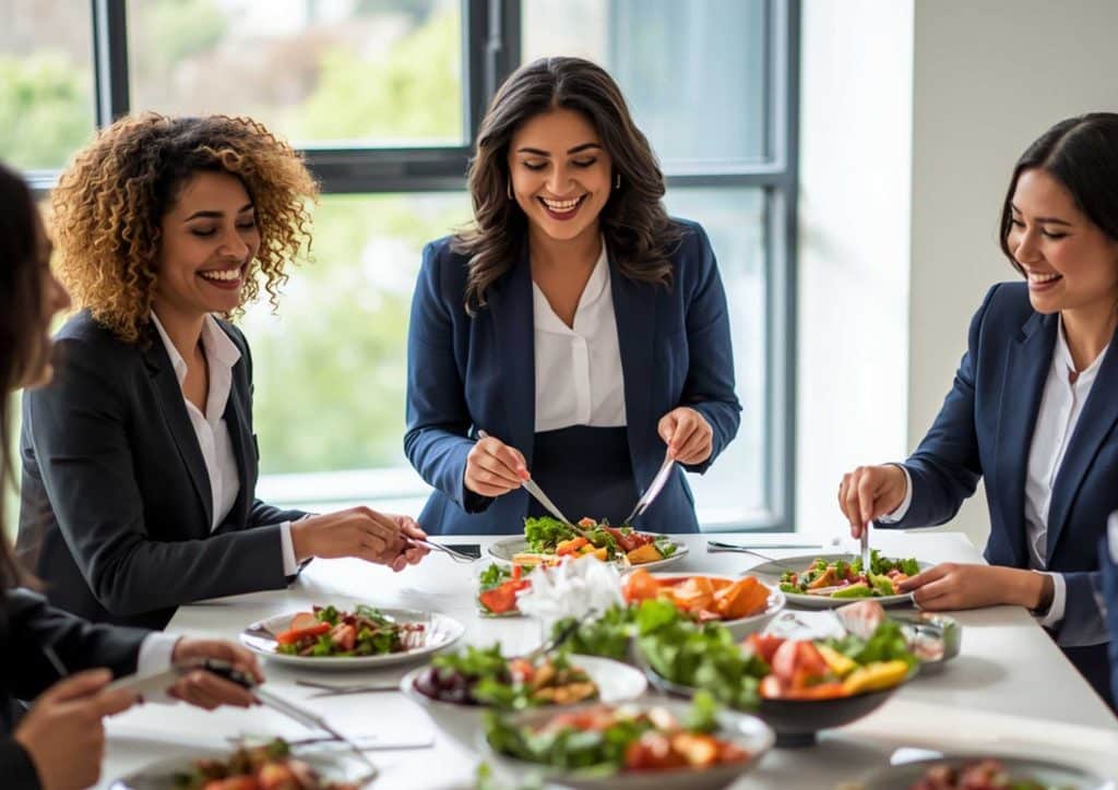 What Is Corporate Nutrition? 15 Two businesswomen enjoying a healthy salad together at a table, engaged in conversation and collaboration.