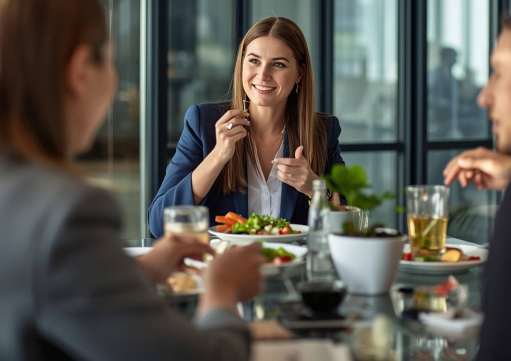 What Is Corporate Nutrition? 2 Businesswoman enjoying lunch with colleagues at a conference table in a modern office setting.