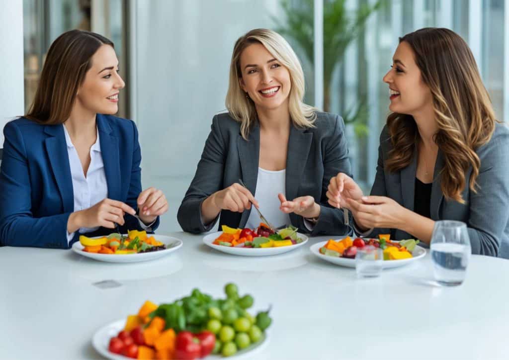 What Is Corporate Nutrition? 3 Three businesswomen enjoying salads during a meeting, engaged in conversation and collaboration.