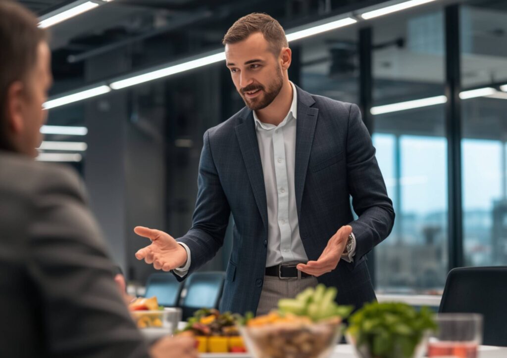 What Is Corporate Nutrition? 4 A man in a suit converses with another man at a table, engaged in a professional discussion.