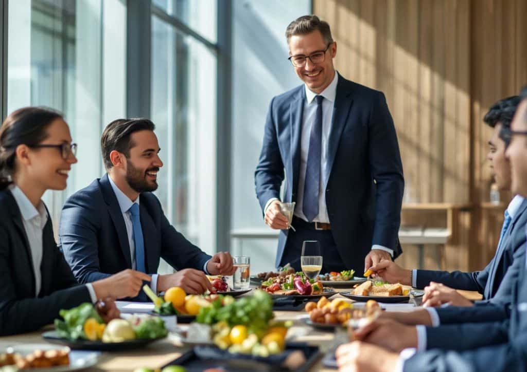 What Is Corporate Nutrition? 6 Business professionals engaged in discussion over lunch at a meeting table, with food and drinks present.