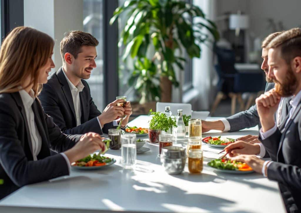 What Is Corporate Nutrition? 9 A group of business professionals enjoying lunch together at a table, engaged in conversation and sharing food.