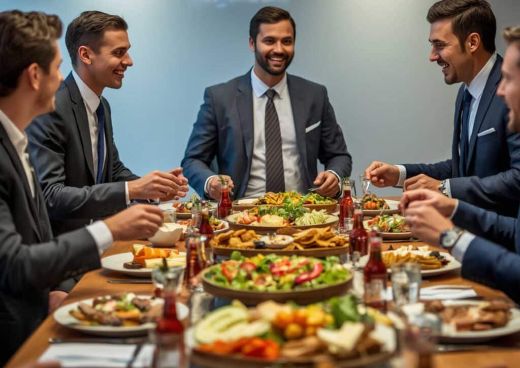 What Is Corporate Nutrition? 8 A group of businessmen engaged in conversation while having lunch at a table, with plates and drinks in front of them.