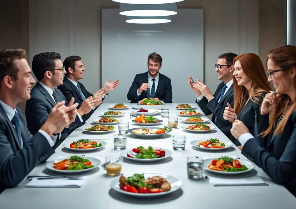 What Is Corporate Nutrition? 11 Business professionals seated at a table, enjoying a meal together, engaged in conversation.