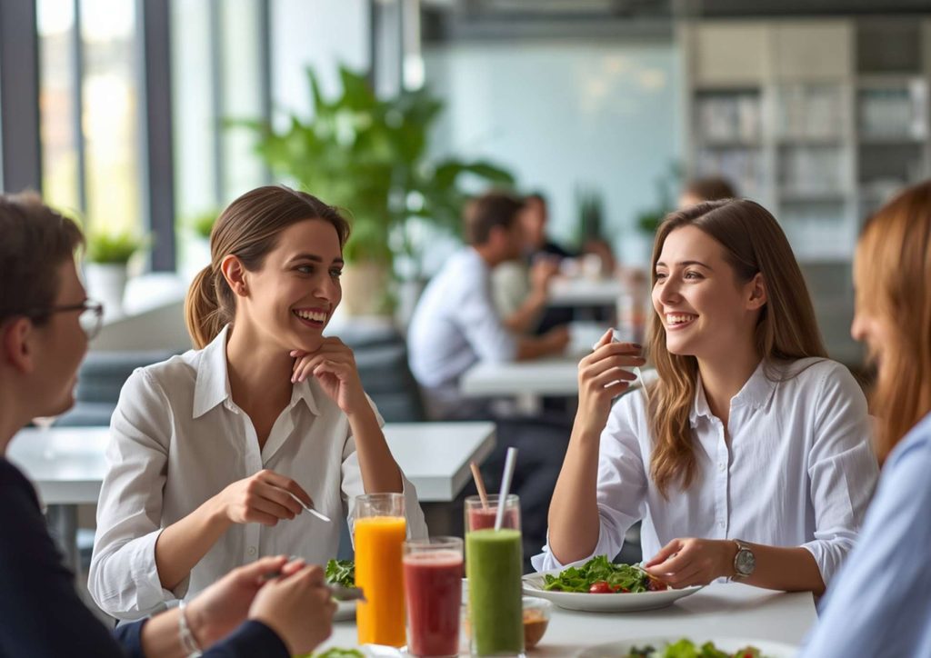What Is Corporate Nutrition? 16 Two businesswomen enjoying a healthy salad together at a table, engaged in conversation and collaboration.