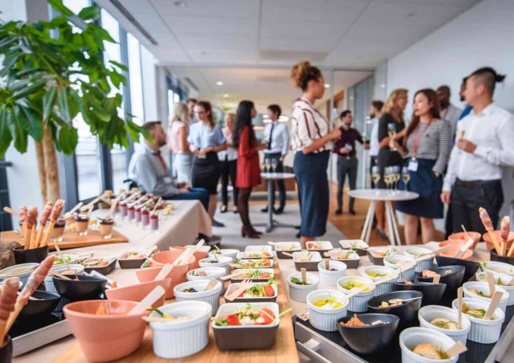What Is Corporate Nutrition? 17 A buffet table displaying various dishes and drinks set up for a business event, with elegant presentation and decor.