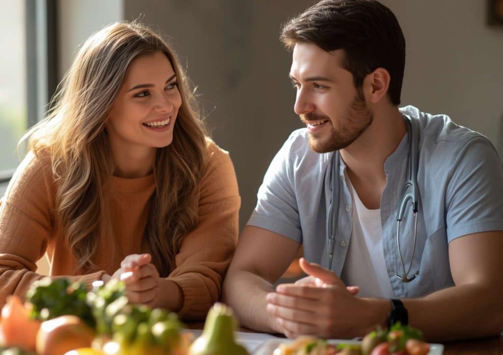 Clinical Nutritionist vs Nutritionist: What's the Difference 20 A man and woman seated at a table, sharing a meal with a plate of food between them.