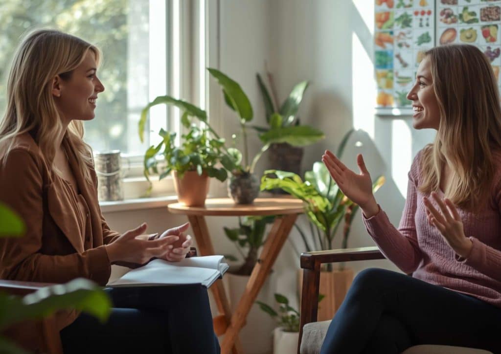Clinical Nutritionist vs Nutritionist: What's the Difference 12 Two women engaged in conversation while seated in a cozy living room, surrounded by comfortable furniture and decor.