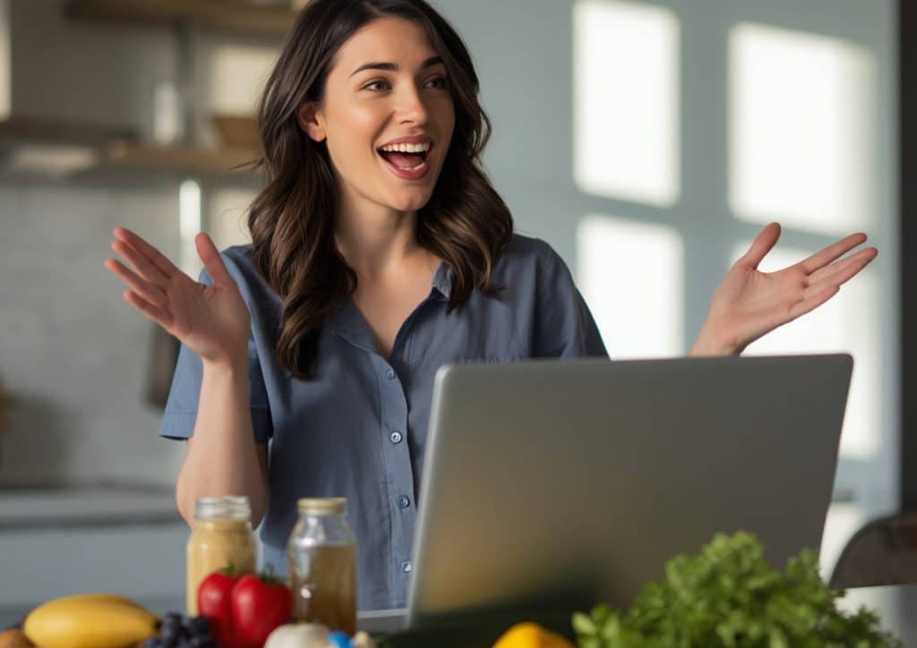 Clinical Nutritionist vs Nutritionist: What's the Difference 14 A woman sits at a laptop surrounded by various fruits and vegetables, engaged in a healthy lifestyle activity.