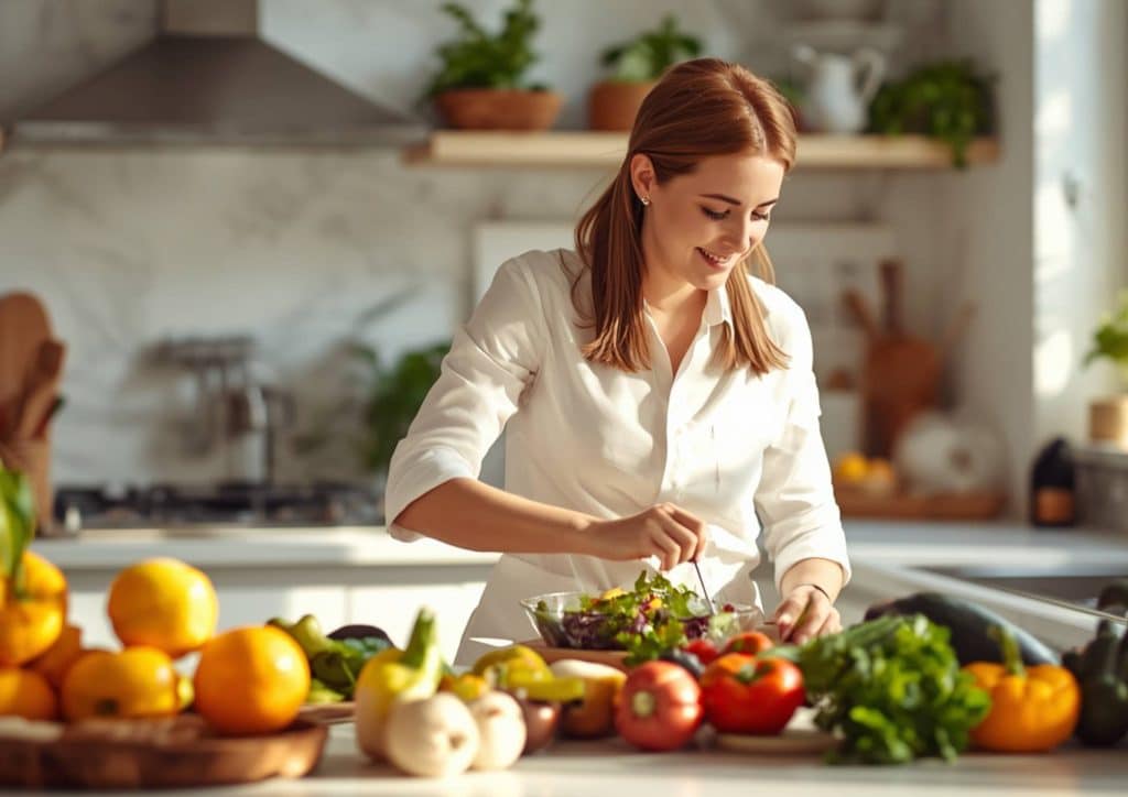 Clinical Nutritionist vs Nutritionist: What's the Difference 17 A woman chops vegetables in a kitchen while preparing a fresh salad.
