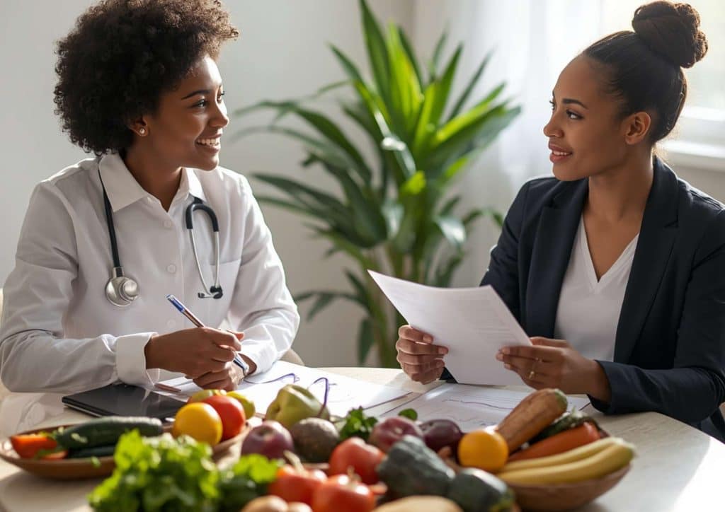 Clinical Nutritionist vs Nutritionist: What's the Difference 8 Two women seated at a table with a stack of papers and a bowl of fruit between them, engaged in conversation.