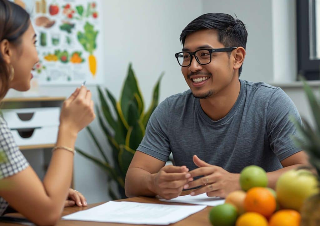 Clinical Nutritionist vs Nutritionist: What's the Difference 5 A man and woman seated at a table, enjoying a variety of fresh fruit displayed in front of them.