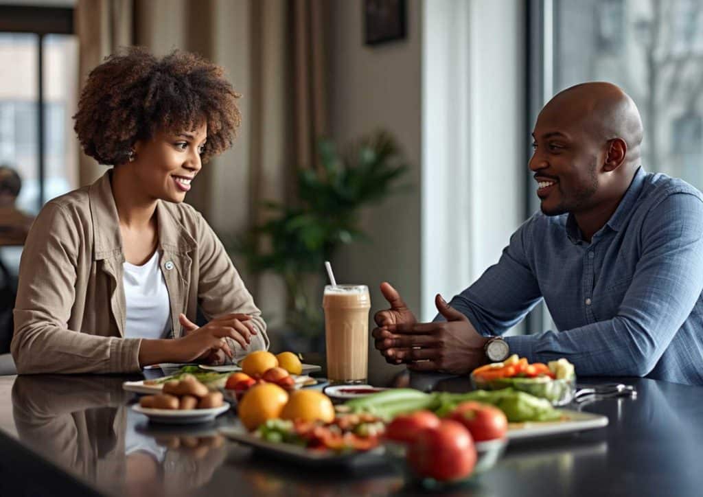 Clinical Nutritionist vs Nutritionist: What's the Difference 4 A man and woman seated at a table, each with a glass of juice in front of them, engaged in conversation.