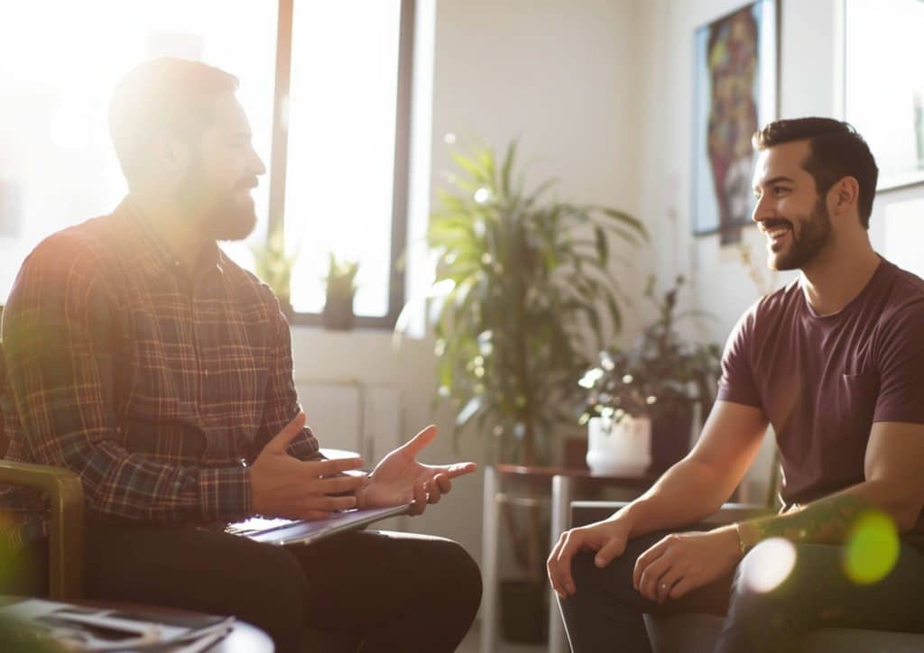 Clinical Nutritionist vs Nutritionist: What's the Difference 3 Two men engaged in conversation while seated in a well-lit room.