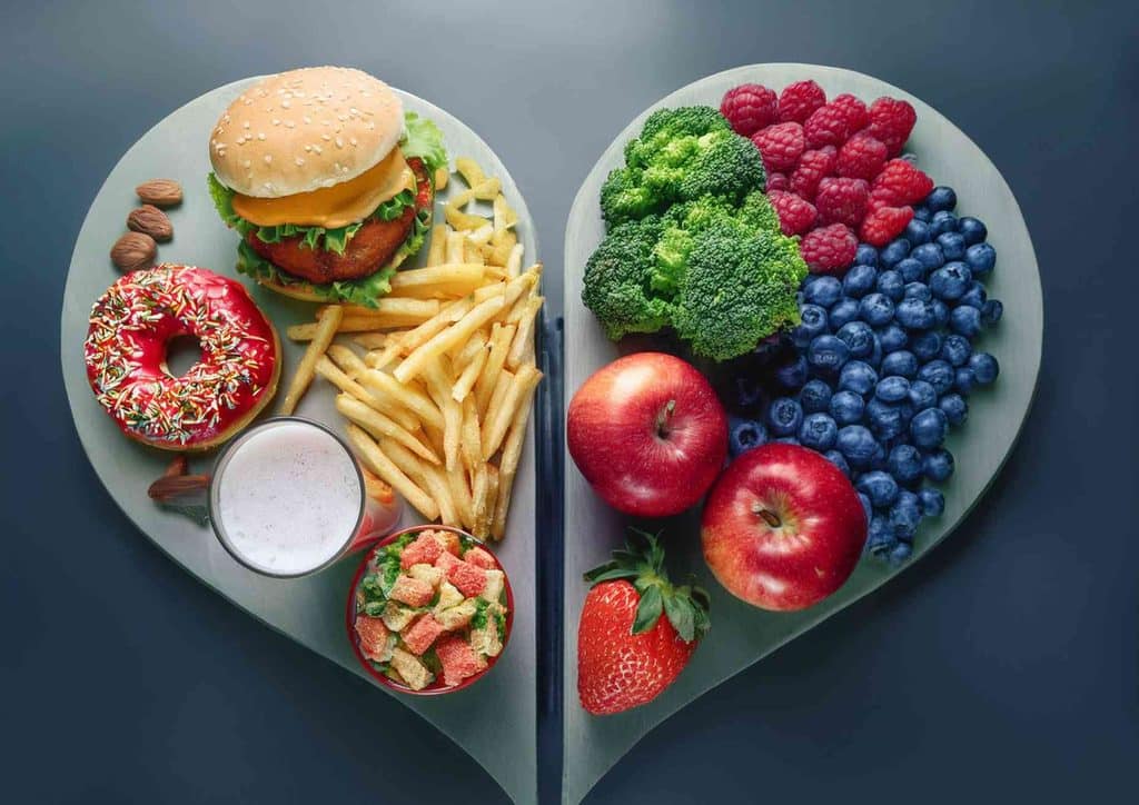 What Is Sustainable Weight Loss? 18 Two plates of food: one with a hamburger and the other with a donut and assorted fruit.