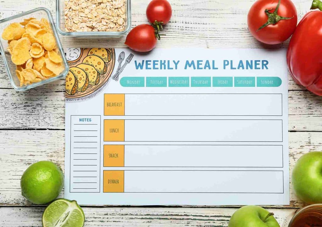 What Is Sustainable Weight Loss? 26 Weekly meal planner featuring a variety of fruits and vegetables organised by day for healthy meal preparation.