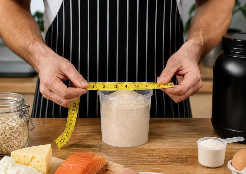 What Is a Sports Nutritionist? 24 A man using a measuring scoop to measure protein powder from a container.