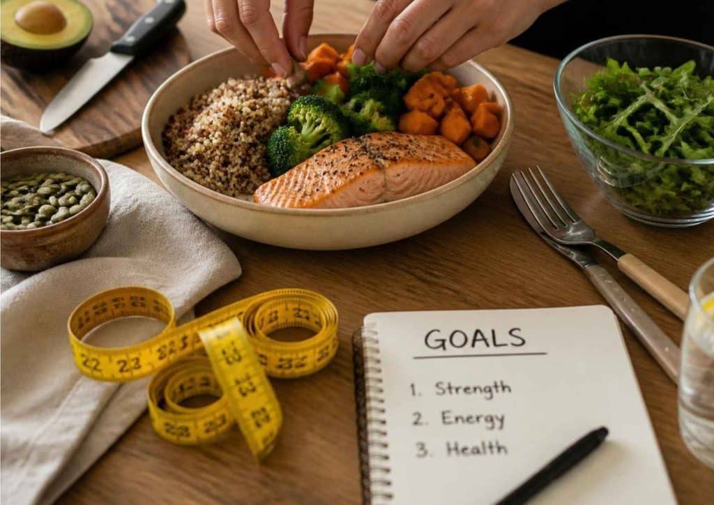 What Is a Sports Nutritionist? 22 A diverse assortment of foods including fruits, vegetables, grains, and proteins, illustrating the concept of a balanced diet.