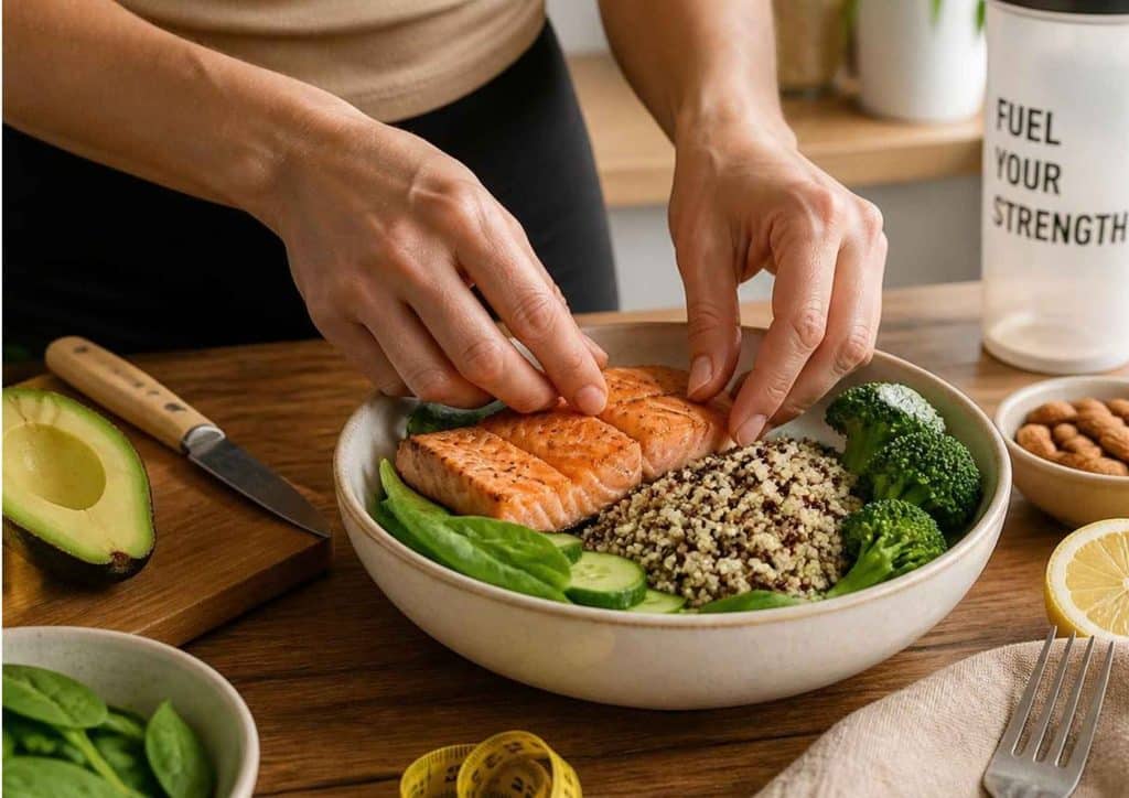 What Is a Sports Nutritionist? 21 A woman prepares a healthy meal featuring salmon, quinoa, and fresh vegetables on a kitchen countertop.
