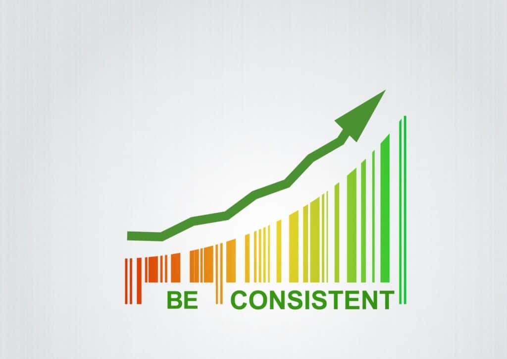 Not Losing Weight in a Calorie Deficit? Here's Why 24 A barcode featuring the text "Be Consistent" alongside an upward-pointing arrow, representing progress and stability.