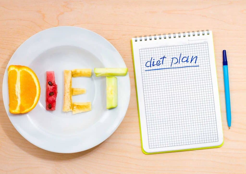 How to Lose Weight Without Exercise 13 A plate displaying a healthy diet plan with assorted fruits, next to a notebook for recording dietary goals.