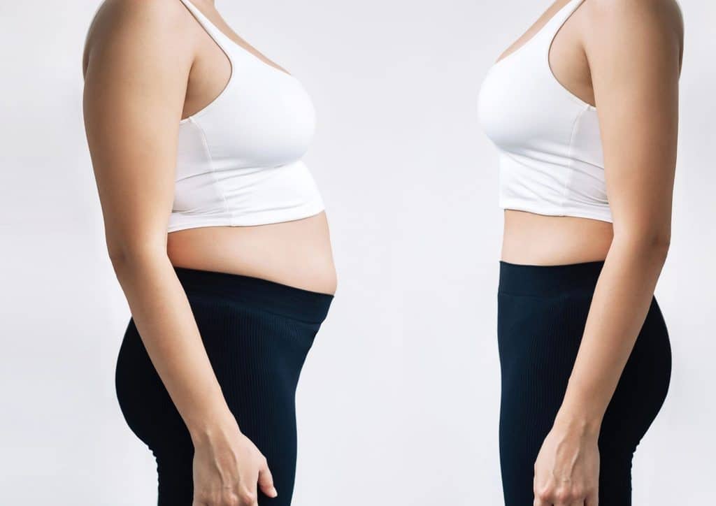 How to Lose Weight Without Exercise 8 Side-by-side images of a pregnant woman, showing her before pregnancy and her progress in the later stages.