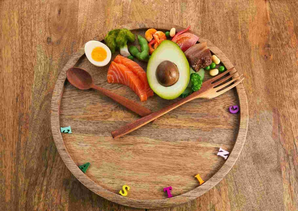 Intermittent Fasting for Weight Loss: Does It Actually Work? 3 A round clock featuring an assortment of food items, illustrating the concept of time for meals.