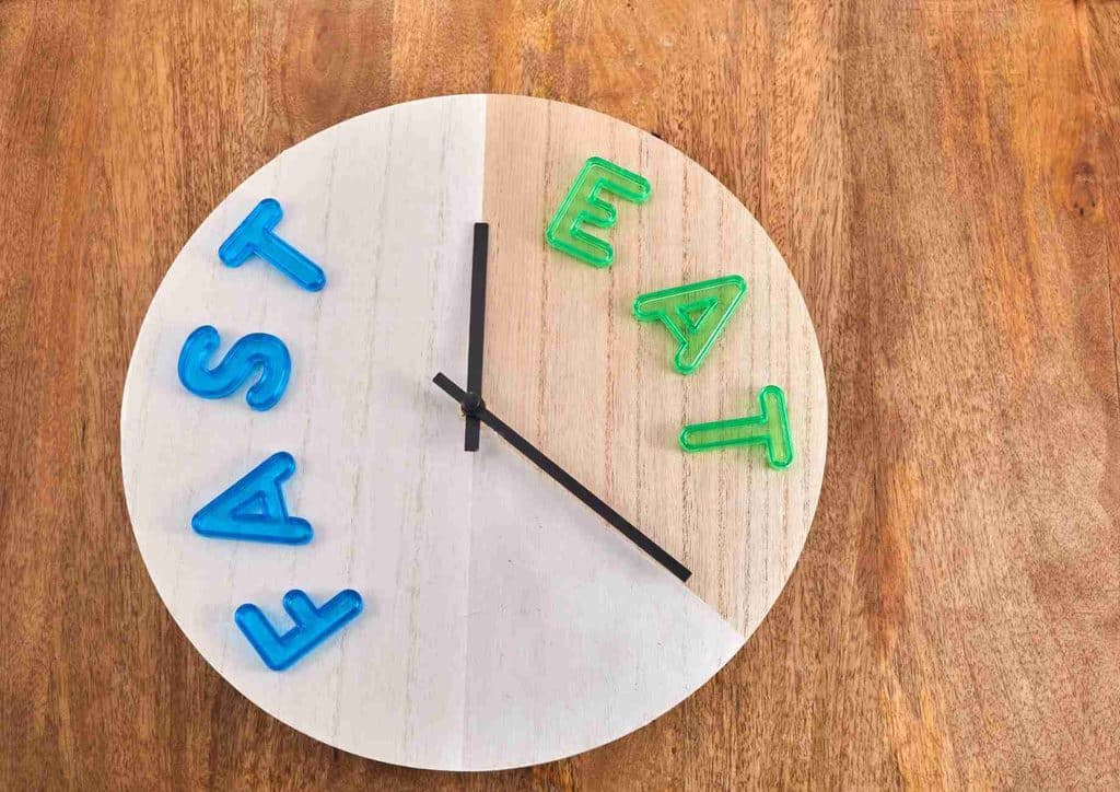 Intermittent Fasting for Weight Loss: Does It Actually Work? 5 A clock featuring the terms "fast" and "eat," illustrating a theme of meal timing or dietary practices.