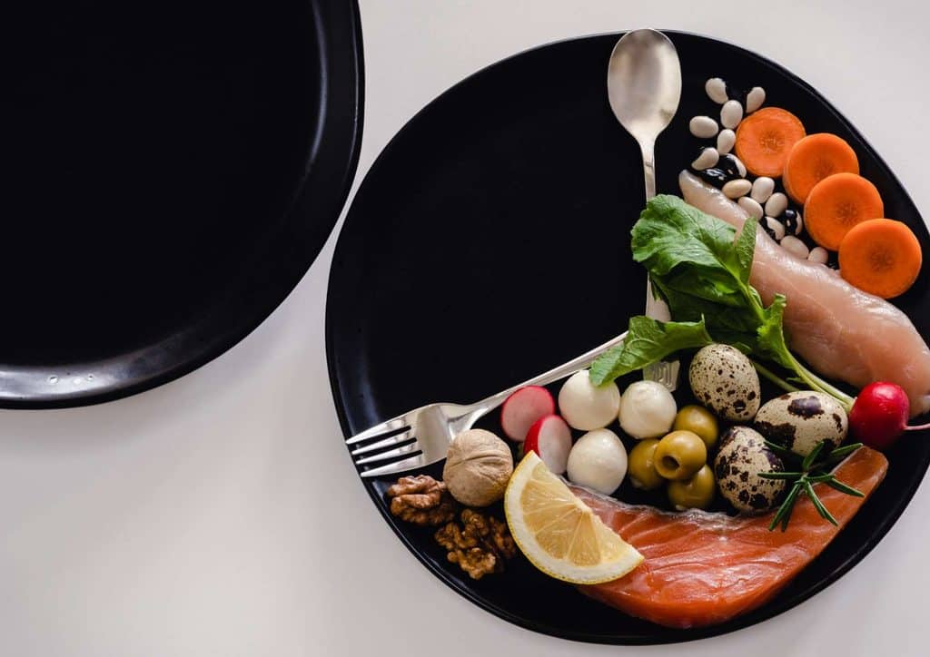 How to Speed Up Your Metabolism (What Actually Works) 25 A white plate displaying a variety of food items, with a fork placed next to it.