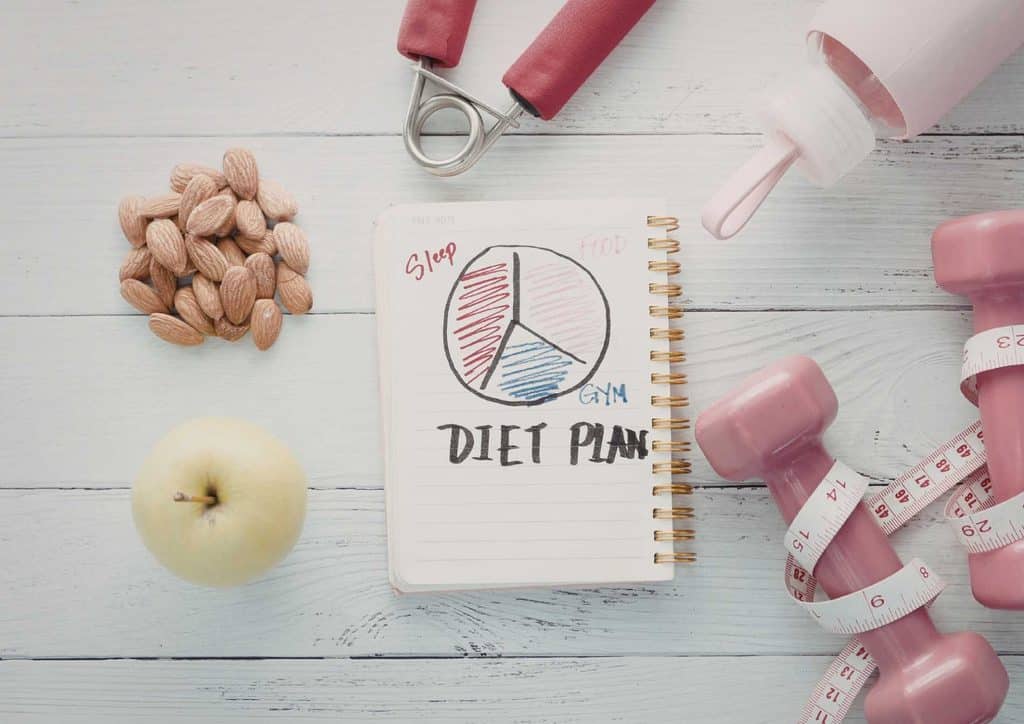 How to Lose Weight Without Exercise 24 A set of dumbbells, a red apple, and a notebook labeled "diet plan" arranged on a wooden surface.