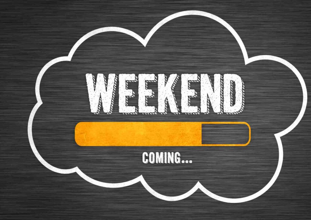 Why Am I Not Losing Weight? 8 Reasons a Nutritionist Sees Every Week 7 Weekend coming sign on a black background featuring a cloud and a button illustration.