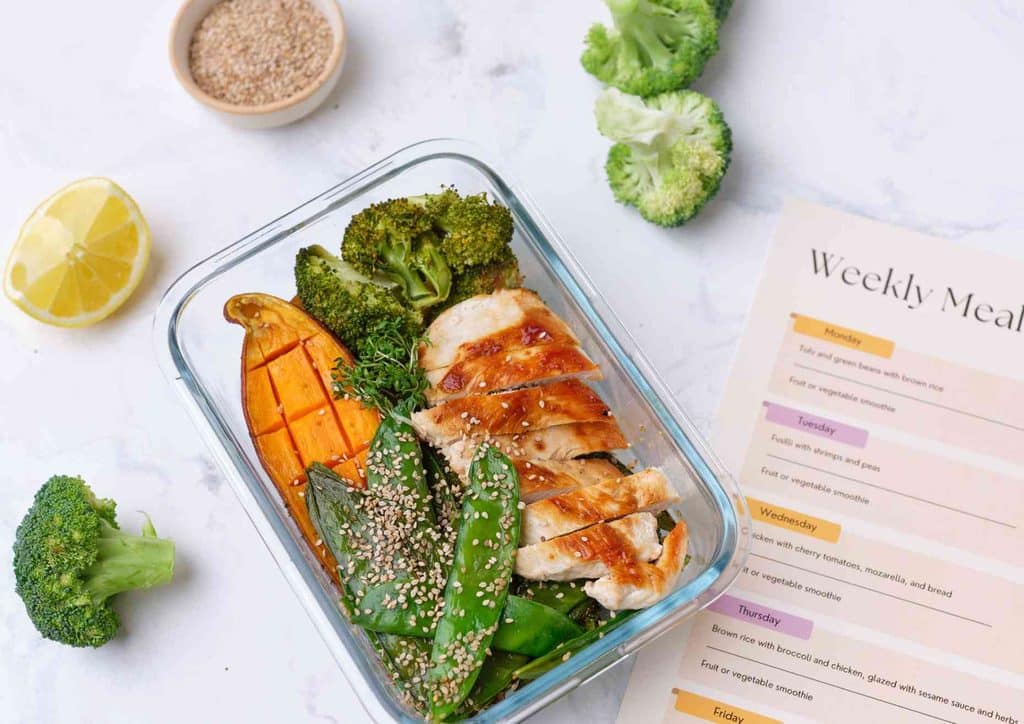 What Is a Balanced Diet for Weight Loss? 9 A plastic container holding a meal with broccoli, chicken, and carrots arranged neatly.