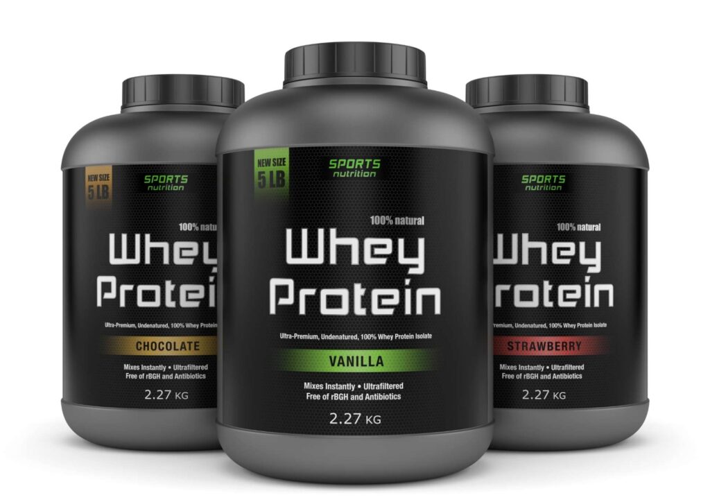 Is Whey Protein Good for Weight Loss? 1 Three bottles of whey protein in various sizes displayed against a plain white background.