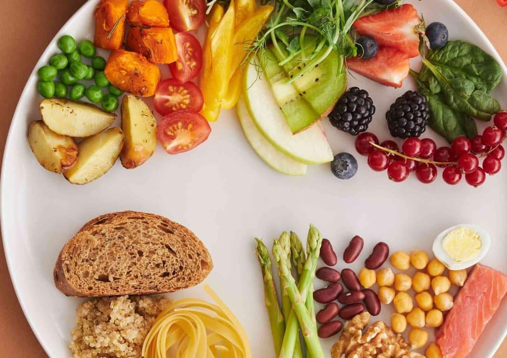 Vegetarian Diet for Weight Loss: How to Get It Right 14 A circular plate featuring an assortment of colourful foods arranged artistically.