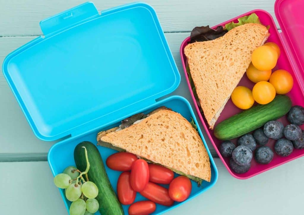 Healthy Lunches for Weight Loss: Work and Home Ideas 31 Two plastic lunch boxes containing sandwiches and fruit, arranged side by side on a wooden table.