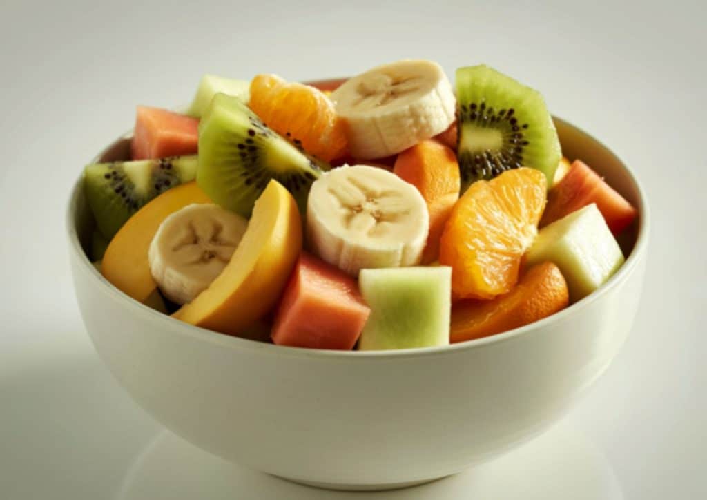 Healthy Snacks for Weight Loss That Actually Keep You Full 4 A bowl filled with sliced bananas, kiwis, oranges, and watermelon arranged attractively.