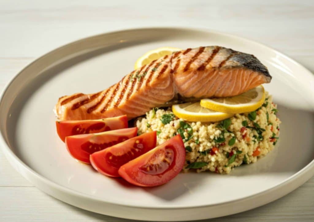 Easy Meals for Weight Loss When You're Short on Time 33 Grilled salmon served on a plate with couscous and cherry tomatoes, garnished with herbs.