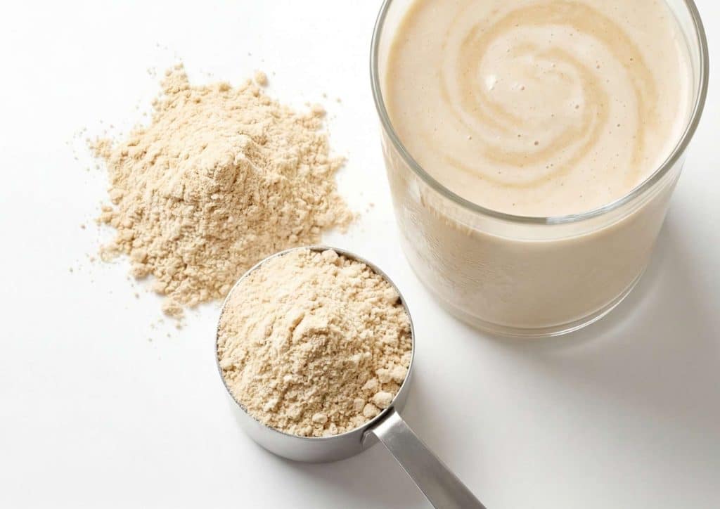 Is Whey Protein Good for Weight Loss? 42 A glass filled with protein powder beside a scoop of protein powder on a wooden surface.