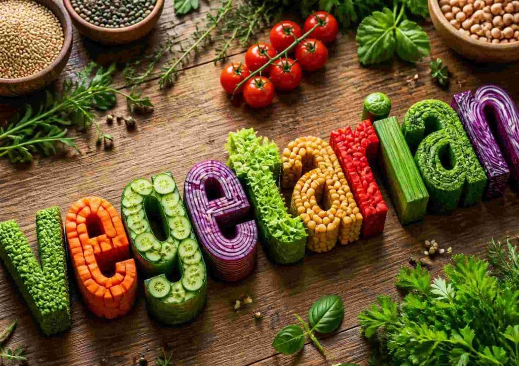 Vegetarian Diet for Weight Loss: How to Get It Right 24 An artistic display of vegetarian ingredients shaped into the word "vegetarian," highlighting healthy food choices.